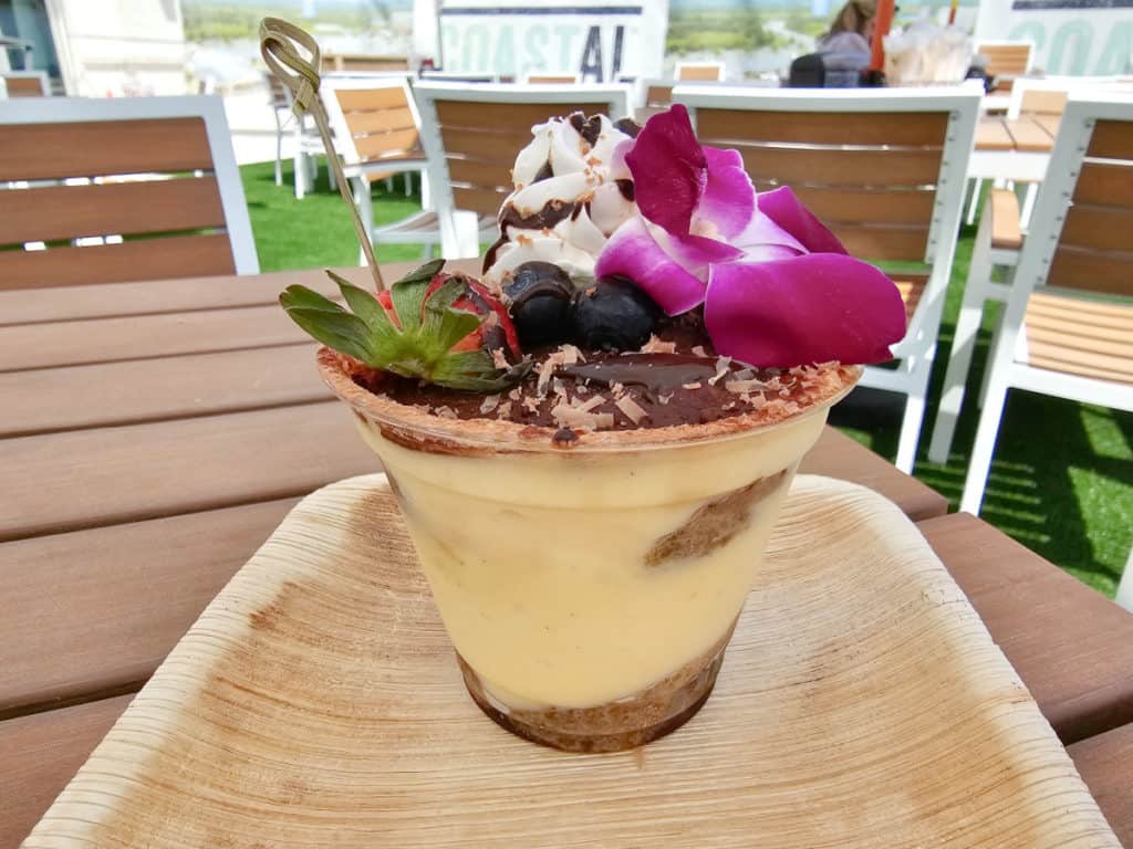 Bushwacker Tiramisu in a plastic cup topped with a strawberry, chocolate savings, and an orchid