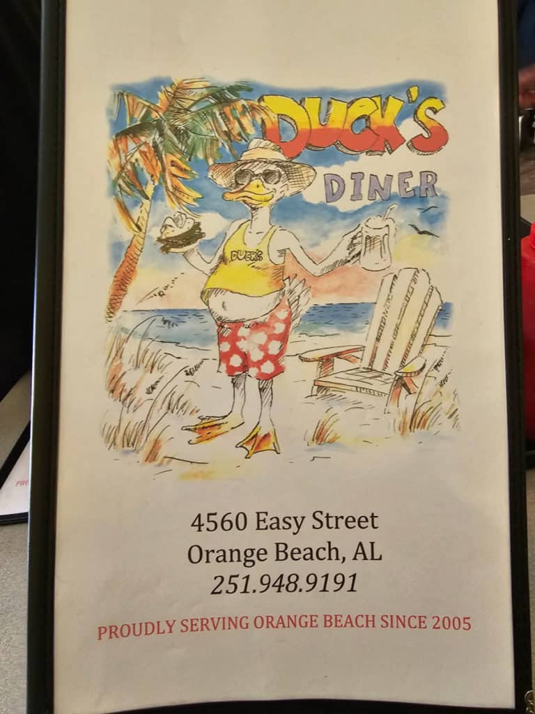 Ducks Diner menu with cartoon duck and restaurant addreses