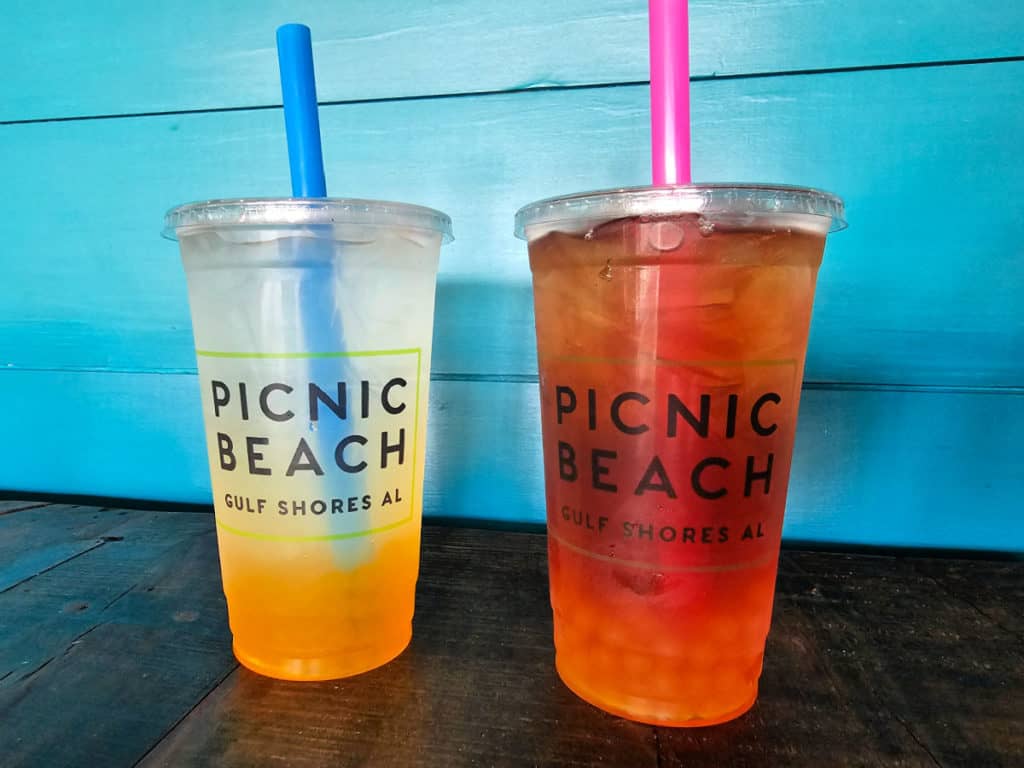 Picnic Beach Gulf Shores AL cups with boba tea and lemonade