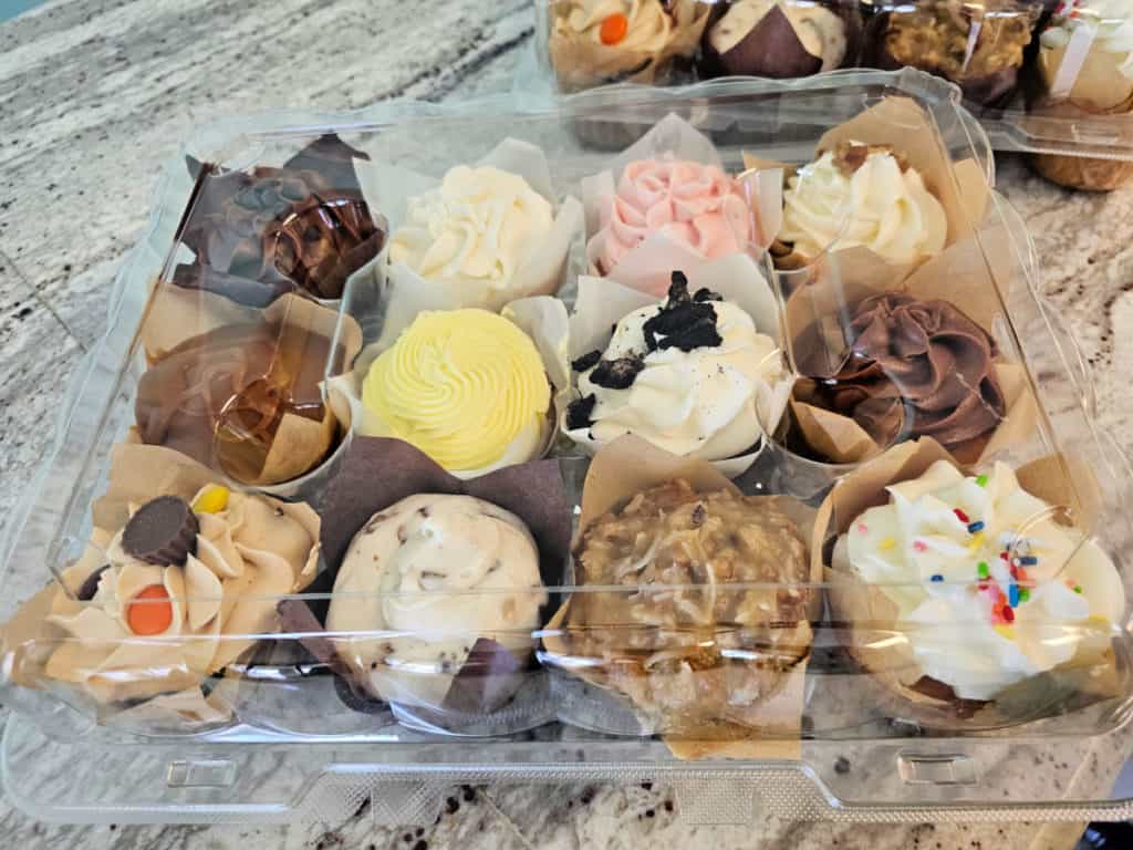 12 pack of assorted Deep south cake co cupcakes in a plastic carrier