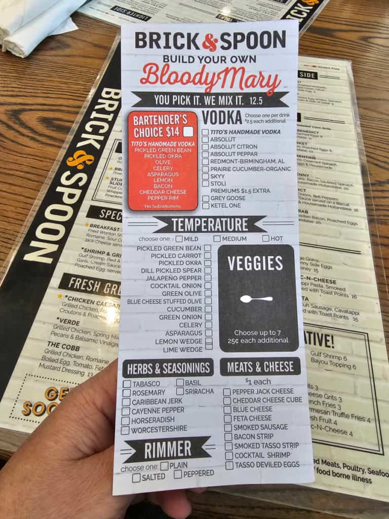Build Your Own Bloody Mary Menu at Brick and Spoon Orange Beach