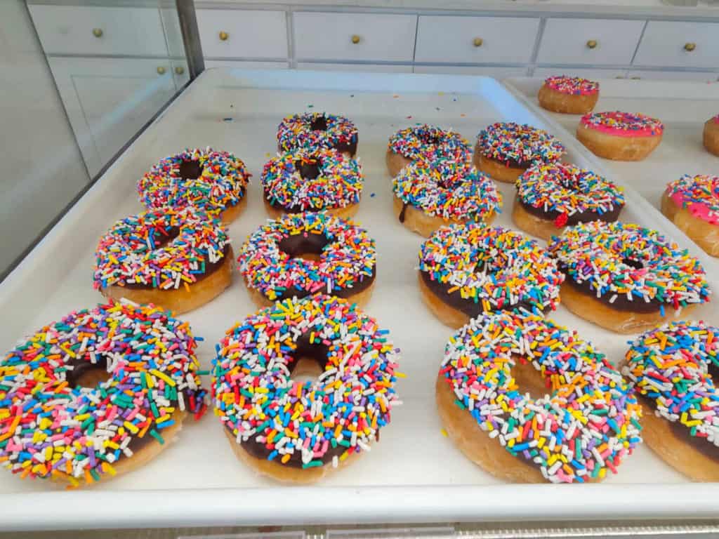 tray filled with chocolate iced rainbow sprinkle doughnuts at Daisy's donuts