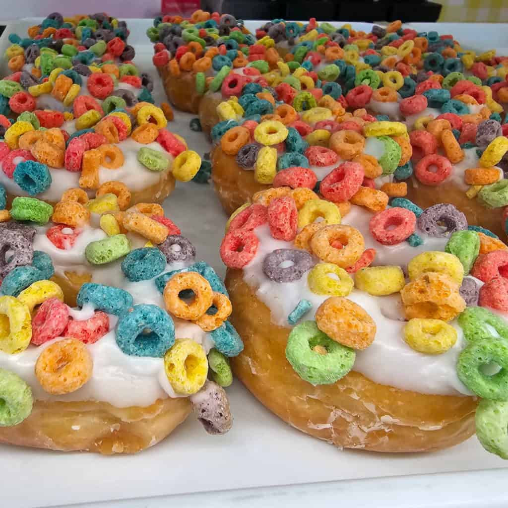 Fruit loop covered doughnuts at Daisy's Donuts Orange Beach