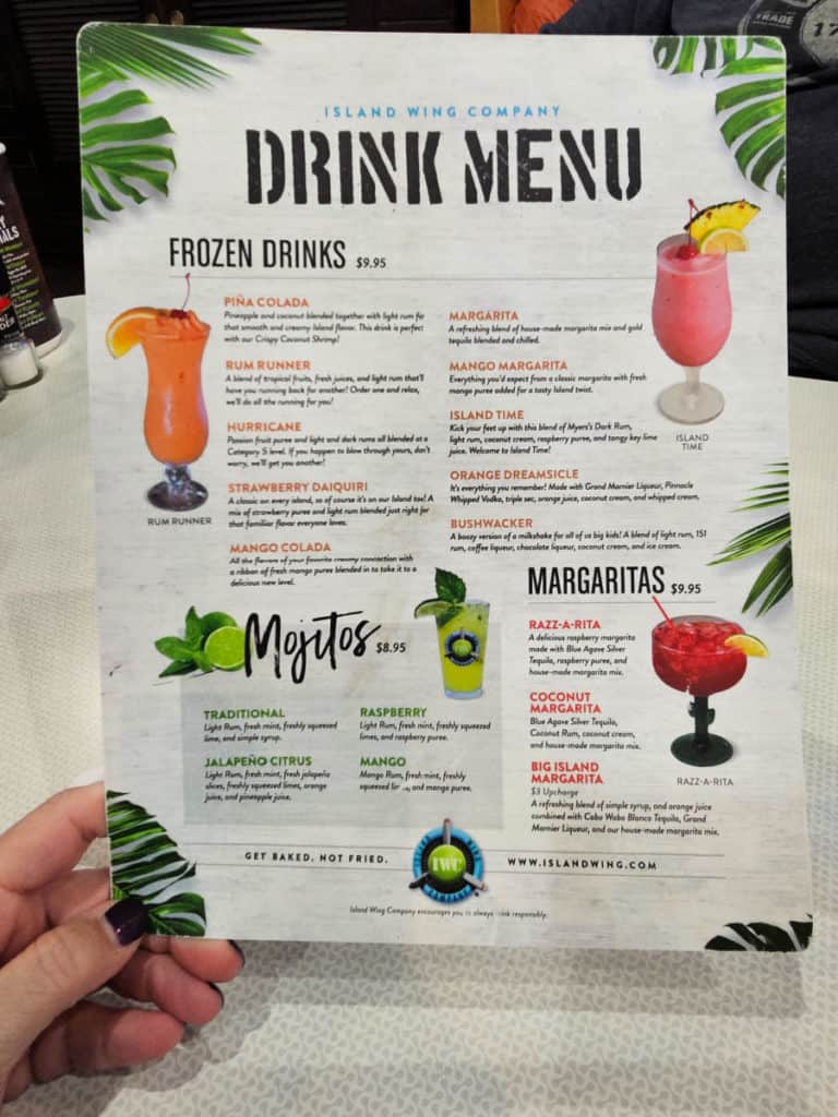Drink menu at Island Wing Company Gulf Shores