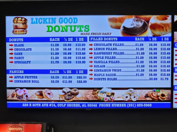 Lickin good Donuts new menu board with doughnut prices. 