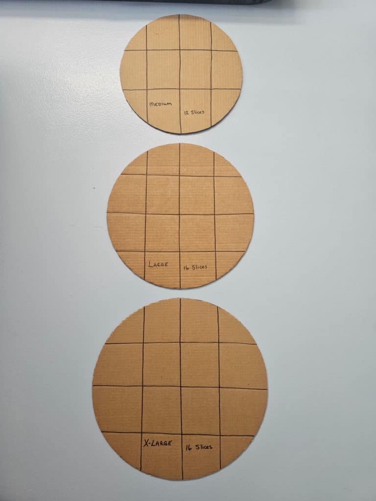 Surfside pizza sizing on cardboard circles