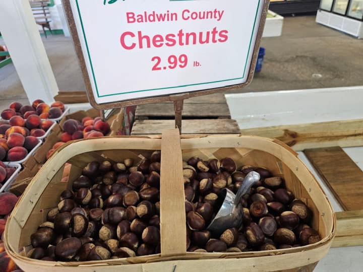 Baldwin County Chestnuts sign over a basket filled with chestnuts