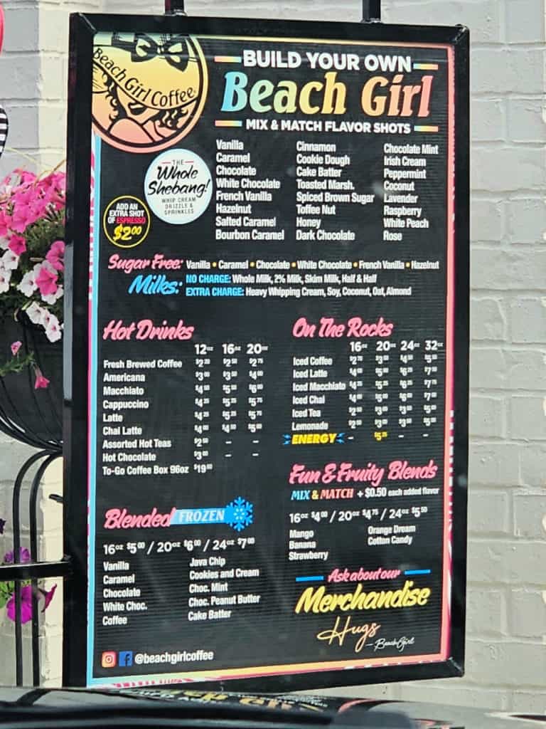 Beach Girl Coffee menu with flavors, and coffee options