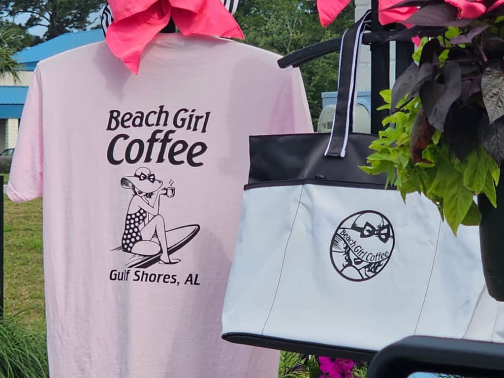 Beach Girl Coffee pink t-shirt and white beach bag