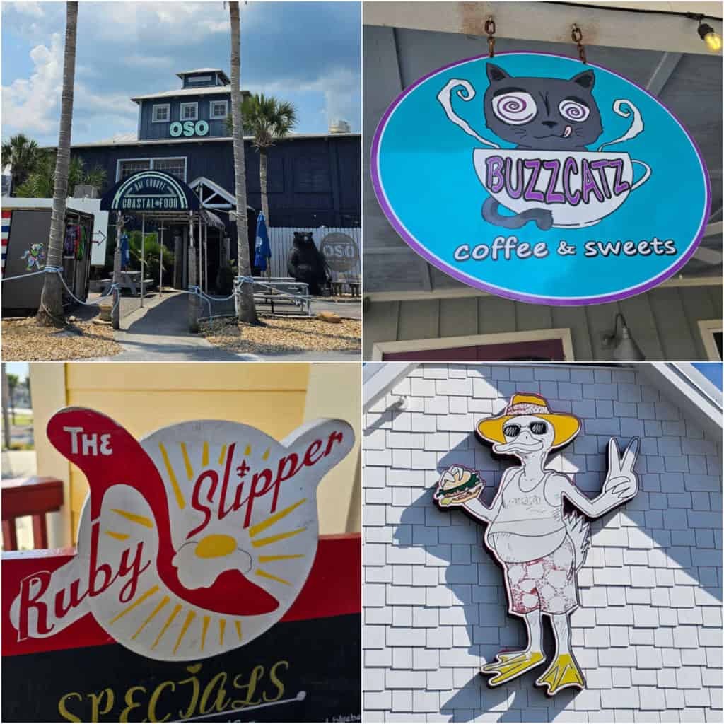 Breakfast Orange Beach restaurants collage with OSO, BuzzCatz, Ruby Slipper, and Ducks Diner