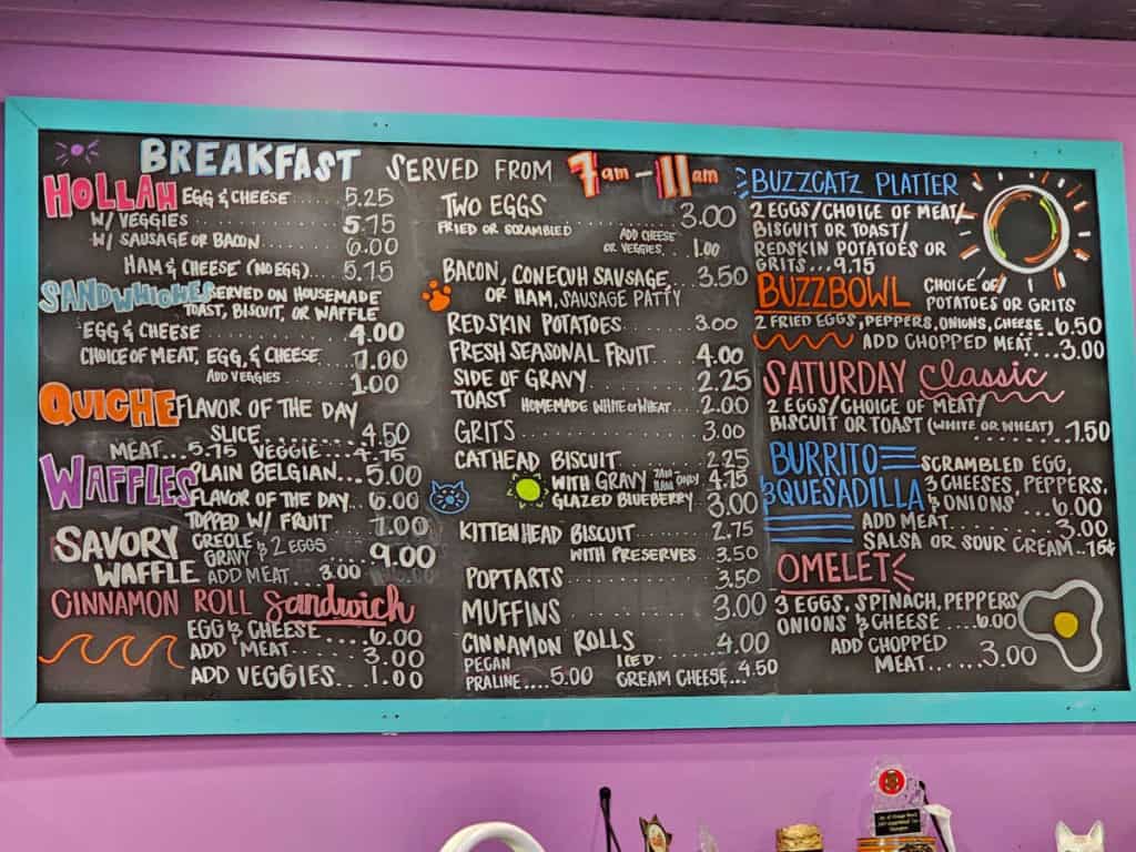 Breakfast menu at Buzzcatz Orange Beach