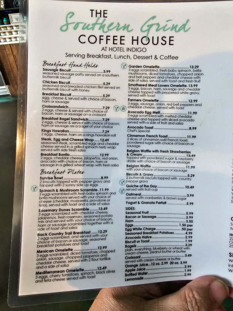 Breakfast menu at Southern Grind Coffee House, Orange Beach, Alabama