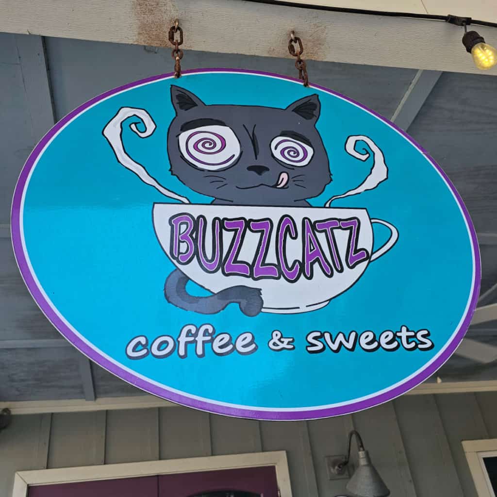 BuzzCatz coffee and sweets sign with grey cat and coffee mug
