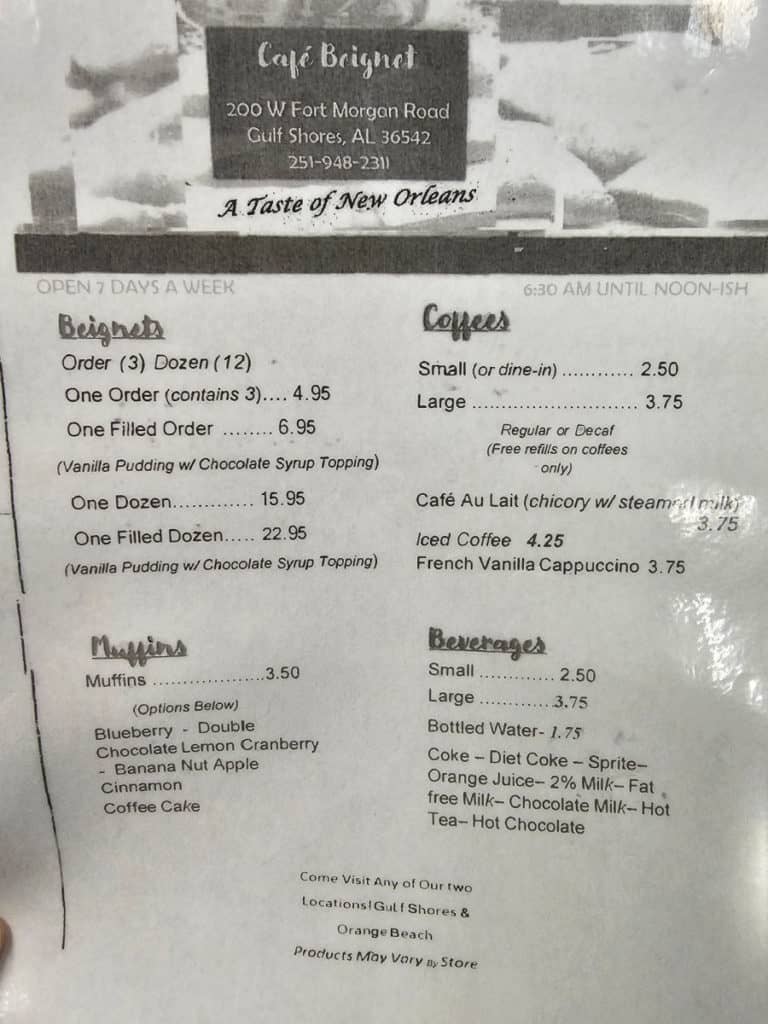 Cafe Beignet menu with drinks, muffins, and beignet options