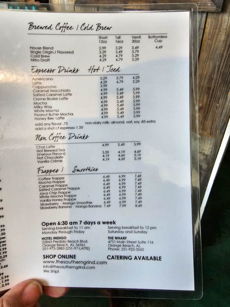 Coffee menu, Southern Grind Coffee House, Orange Beach, Alabama