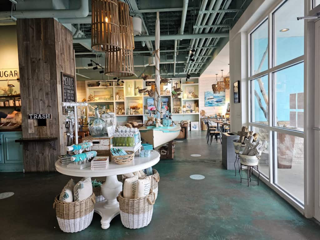 Gift shop displays with a coastal vibe in Southern Grind Coffee house