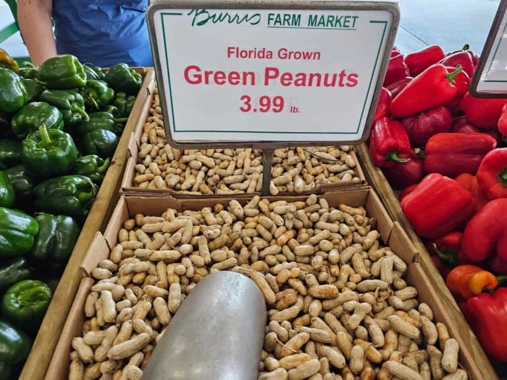Green peanuts in a box at Burris Farm Market with a silver scoop