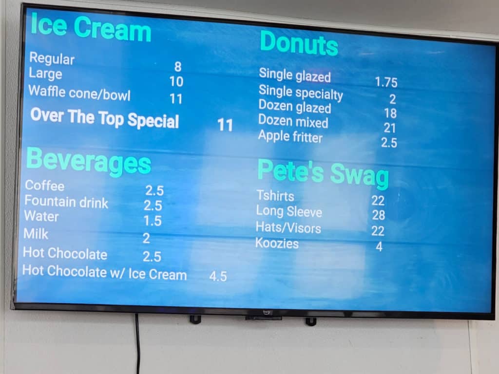 Pete's Ice Cream menu on a digital board