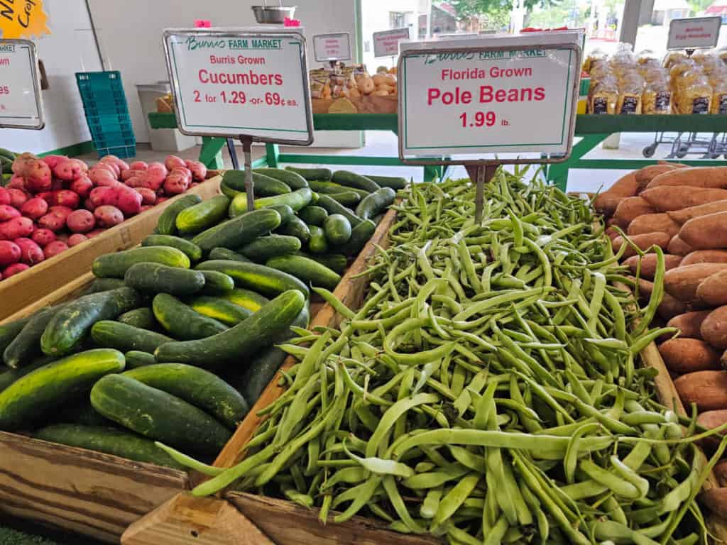 Pole Beans and cucumbers in trays at Burris Farm Market
