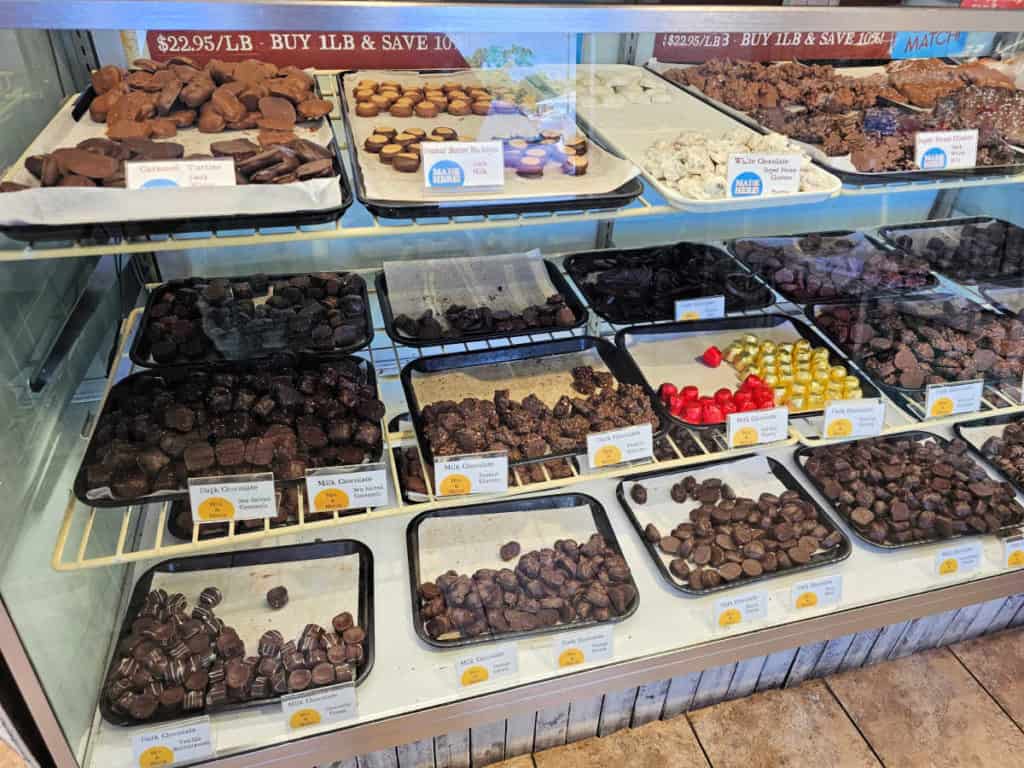 Chocolates in a display case at Chocolate Corner