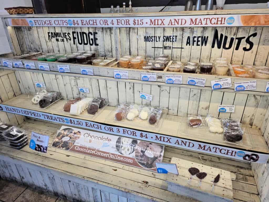 Fudge Cups on display with different flavors at Chocolate Corner Gulf Shores