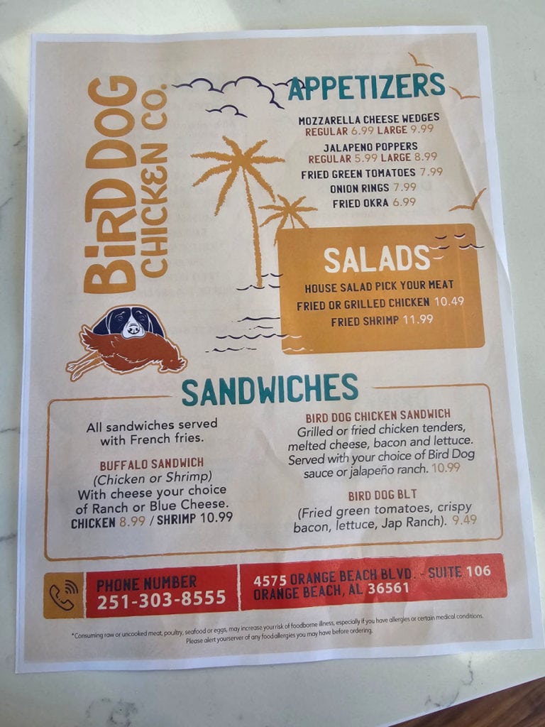 Bird Dog Chicken Co Menu with appetizers, salads, and sandwiches