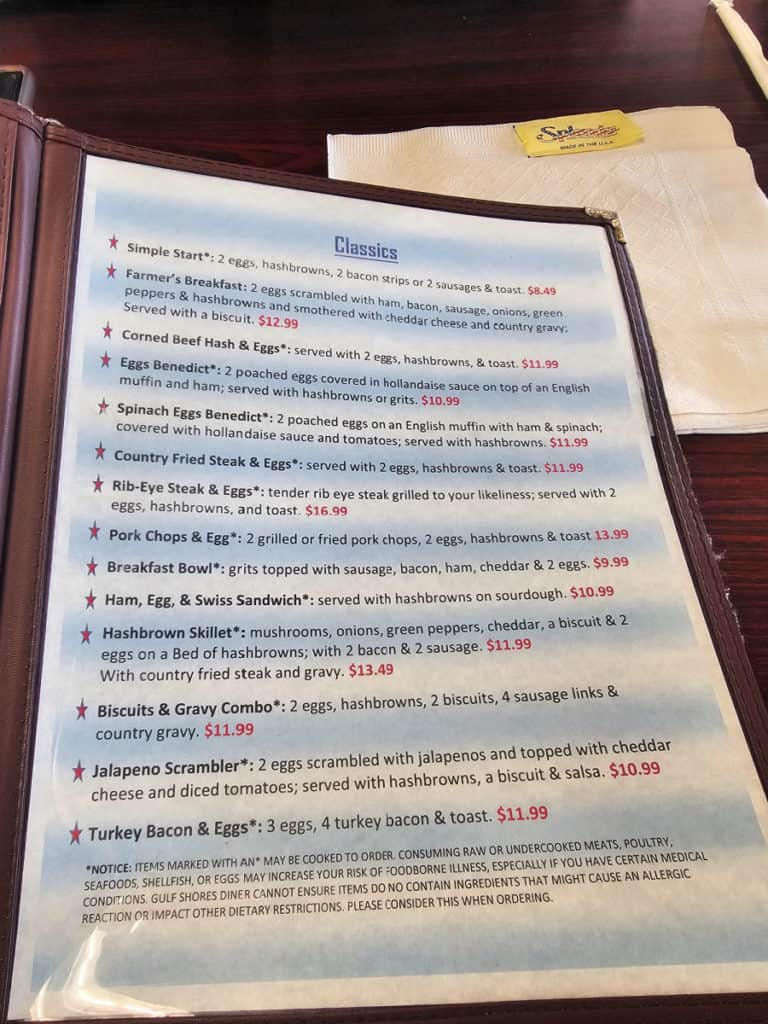 Classic Breakfast Menu Items at Gulf Shores Diner