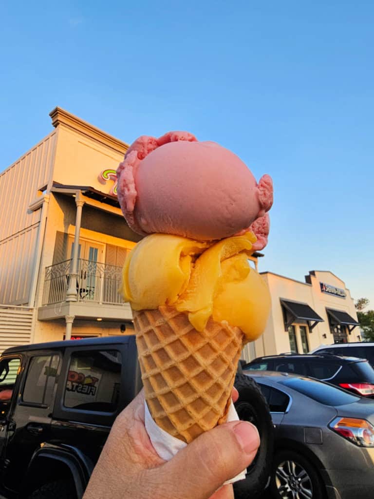 Mango and Raspberry Sorbet Cone next to Matt's Ice Cream