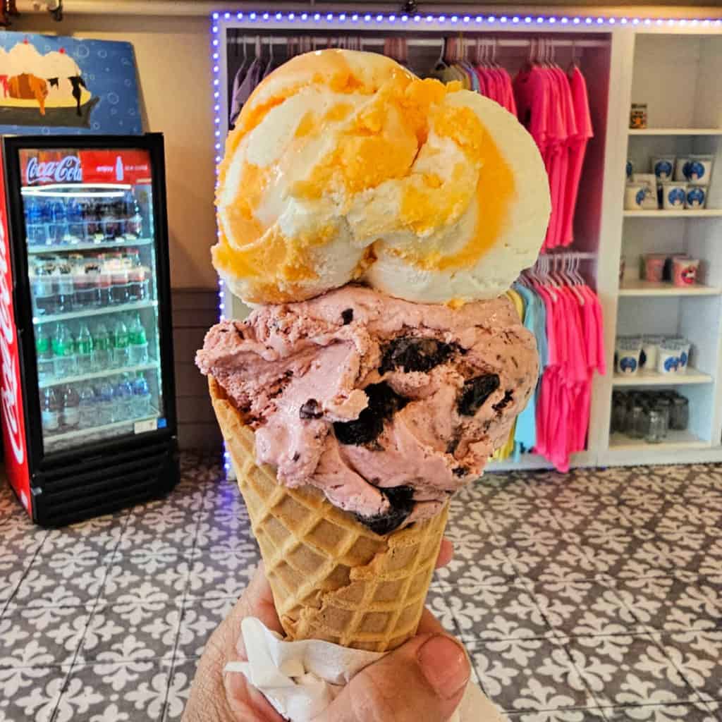 Two scoop ice cream cone with waffle cone in Matt's Homemade Ice Cream