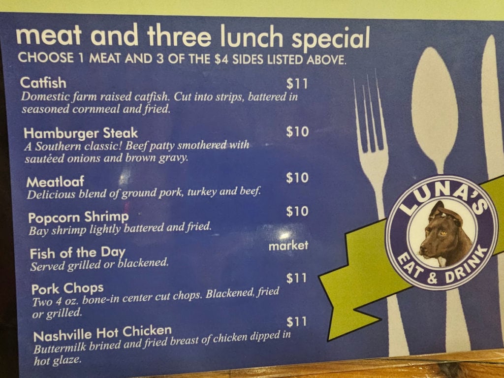 Meat and three lunch special menu at luna's eat and drink