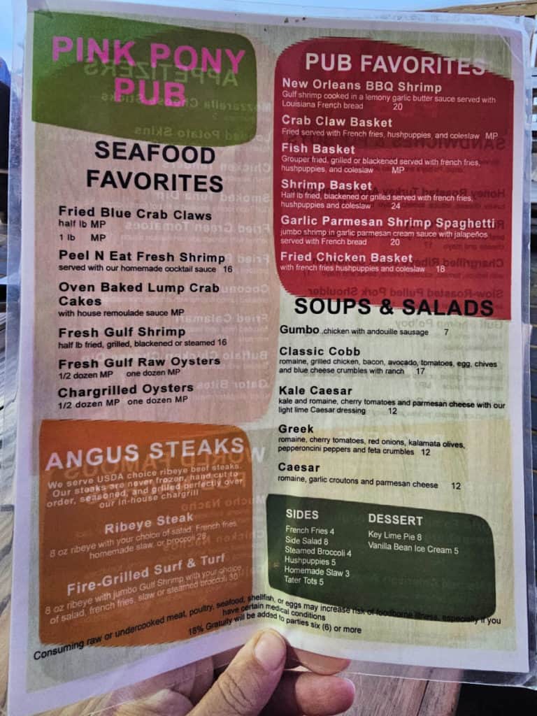 Pink Pony Pub menu with seafood favorites, pub favorite, steaks, soup and salad options