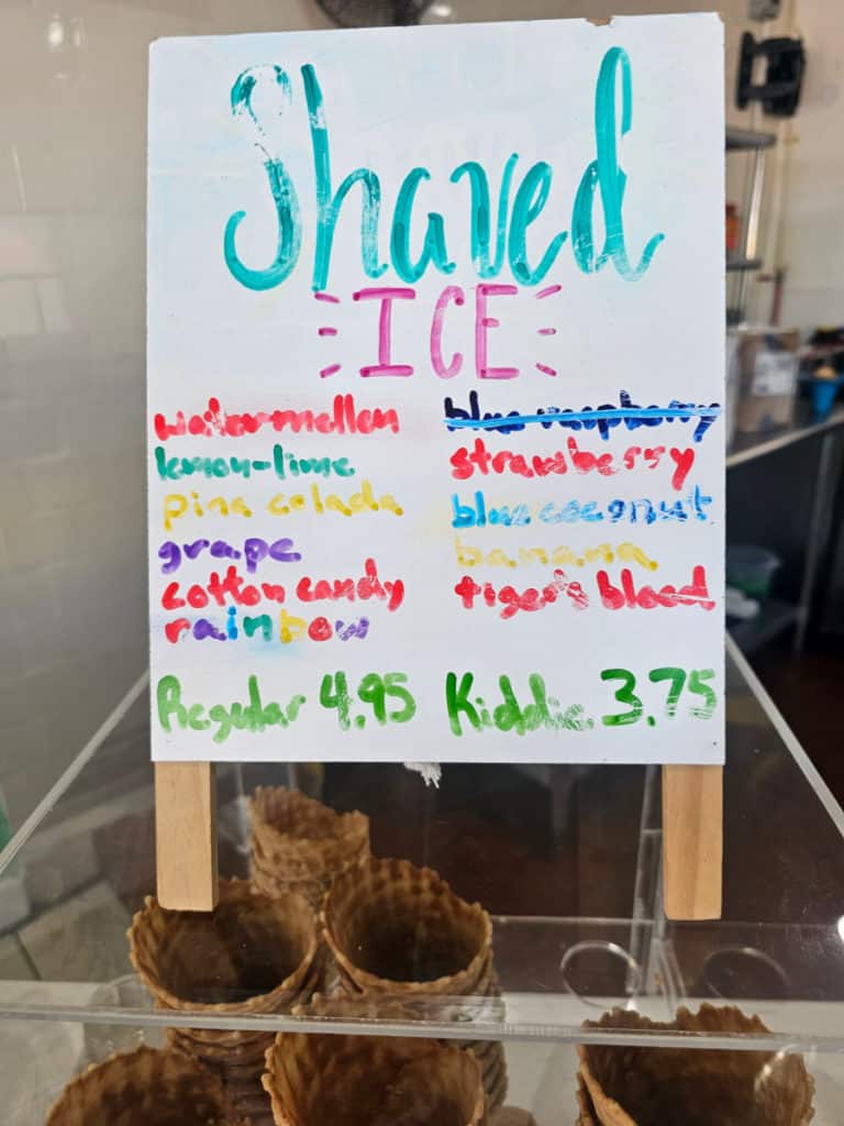 shaved ice menu with flavors listed