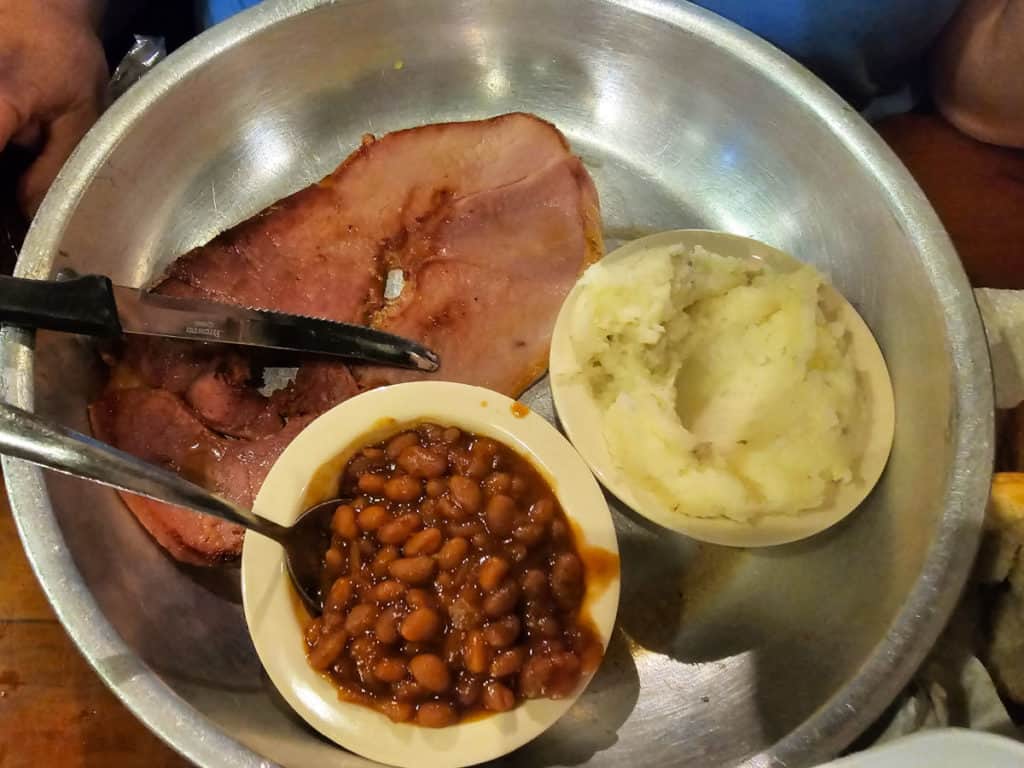 Country Ham Steak with mashed potatoes and baked beans