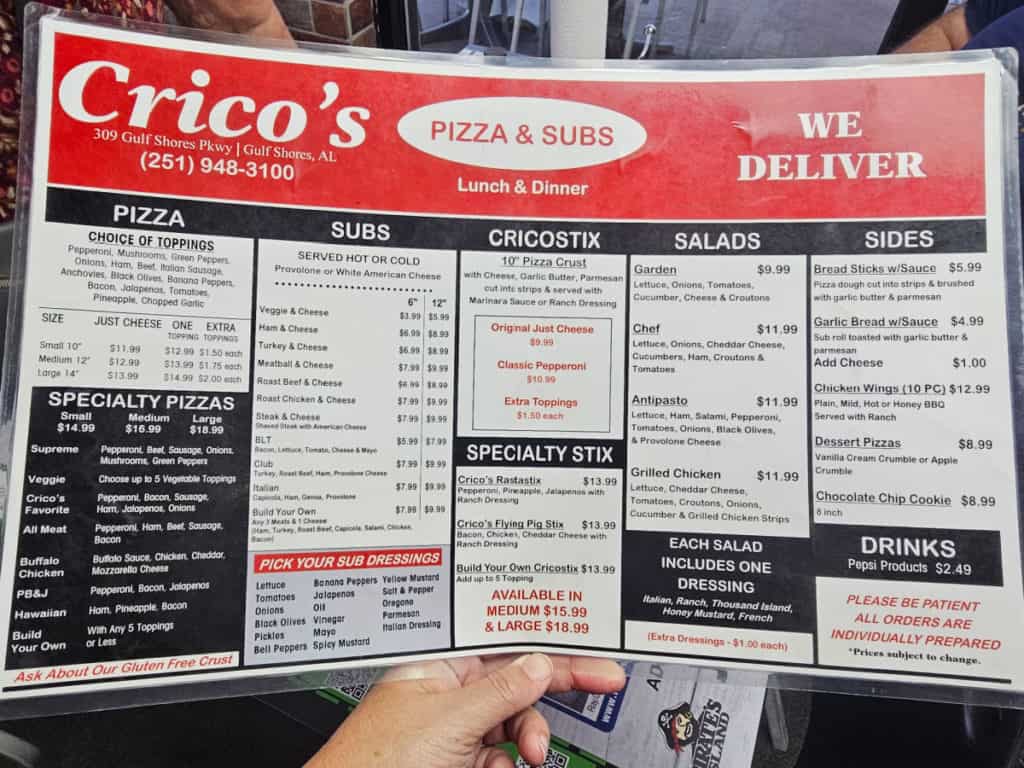 Cricos pizza and subs menu