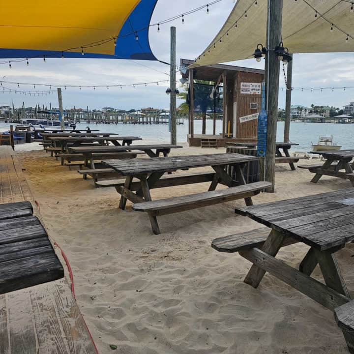 picnic tables in the sand with a view of water and a music stand