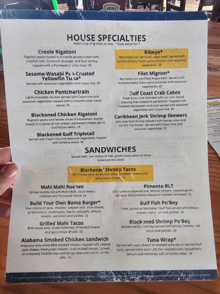 Flora Bama Yacht Club House specialties and sandwiches menu