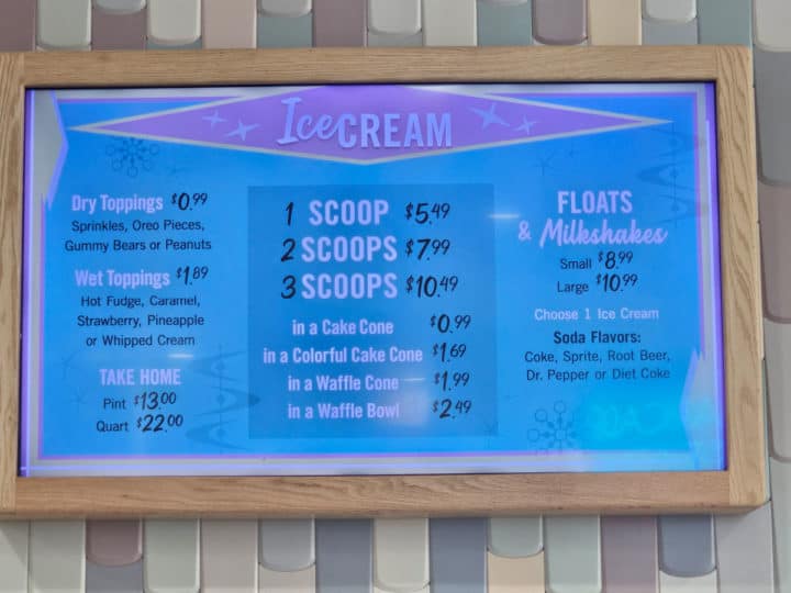 Ice Cream Menu with scoop and sundae prices, Kaydens Candy Factory