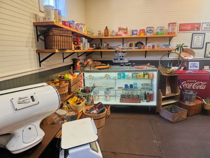 recreated historic grocery store with display shelves