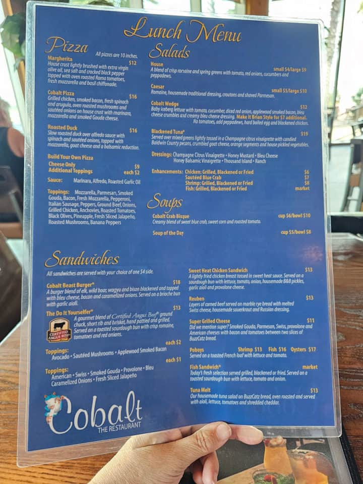 Lunch menu with pizza, sandwiches, salads, at Cobalt