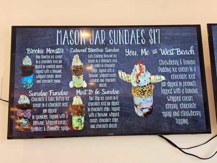 Mason jar sundae menu with photos of ice cream sundaes