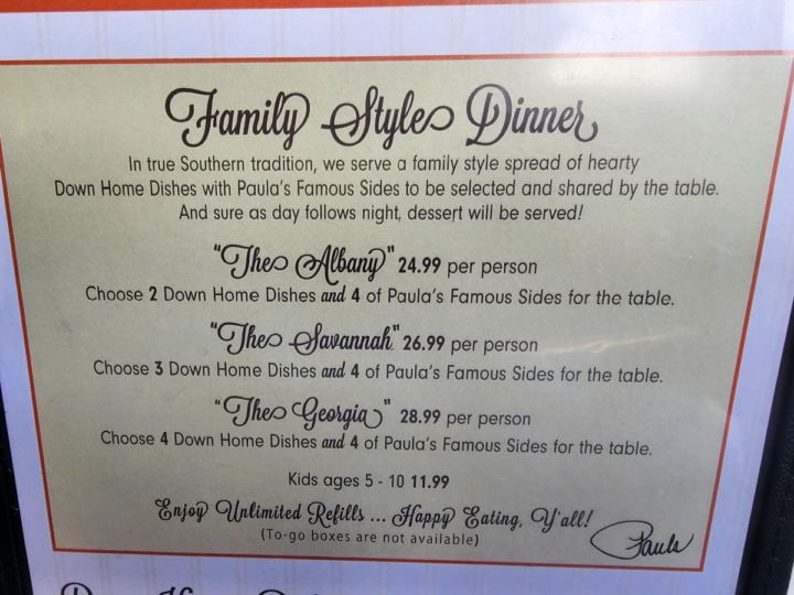 Paula Deens Family Kitchen Family Style Dinner menu