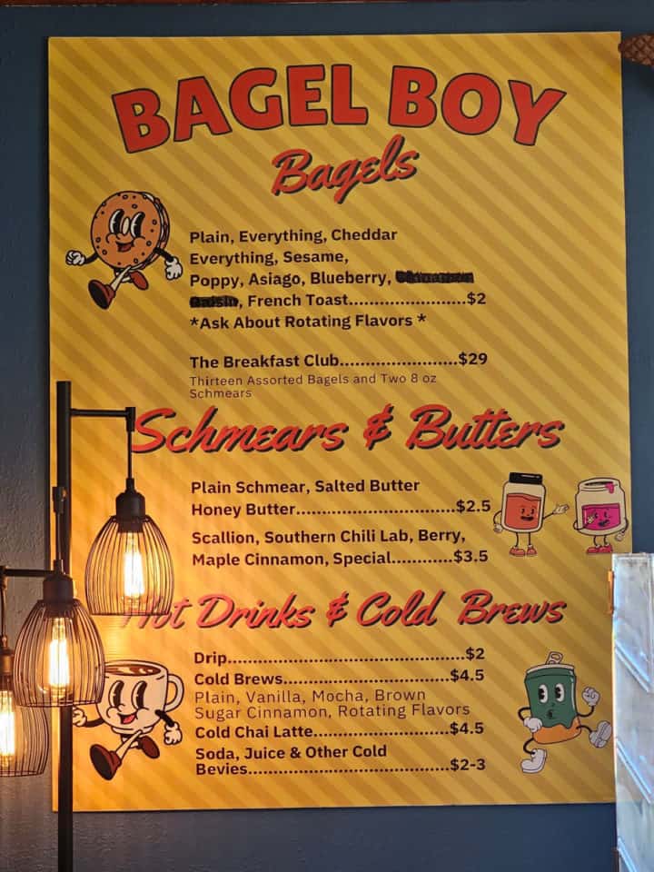 Bagel Boy Foley menu with bagels, schmears, butters, and drinks
