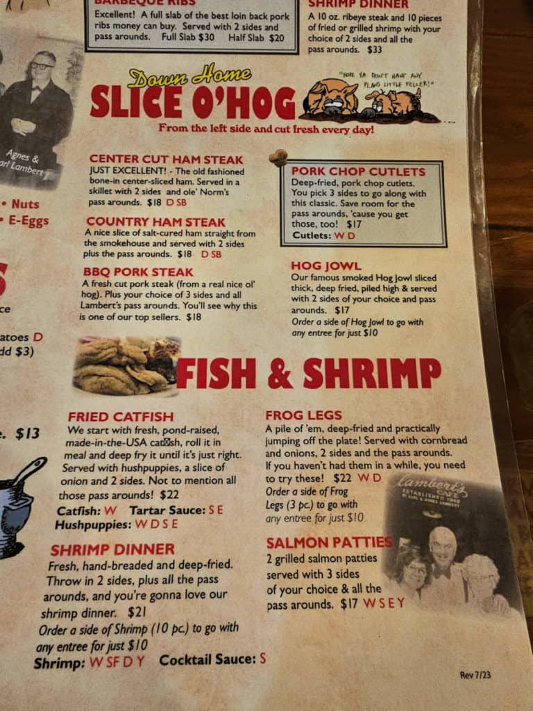 Slice of Hog and fish and shrimp portion of the Lambert's Cafe Foley Menu