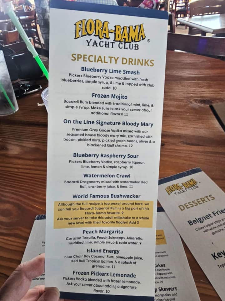 Specialty drink menu for the Flora Bama Yacht Club