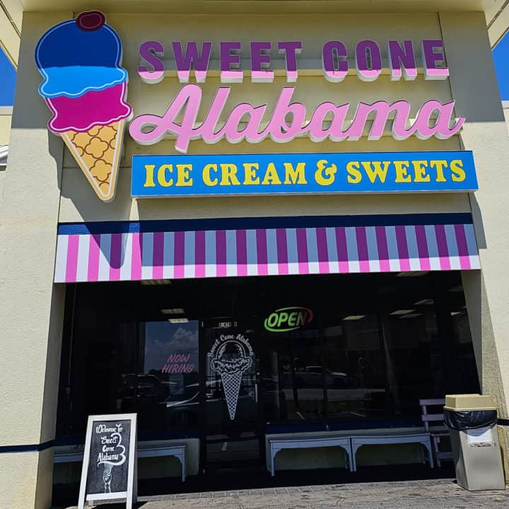 Sweet Cone Alabama ice cream and sweets sign with ice cream cone and entrance