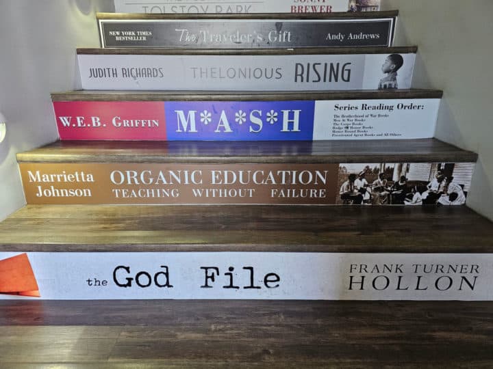 Stairs decorated with book titles