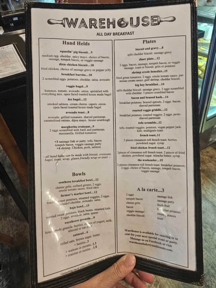 Breakfasts menu with hand helds, plates, and bowl options 