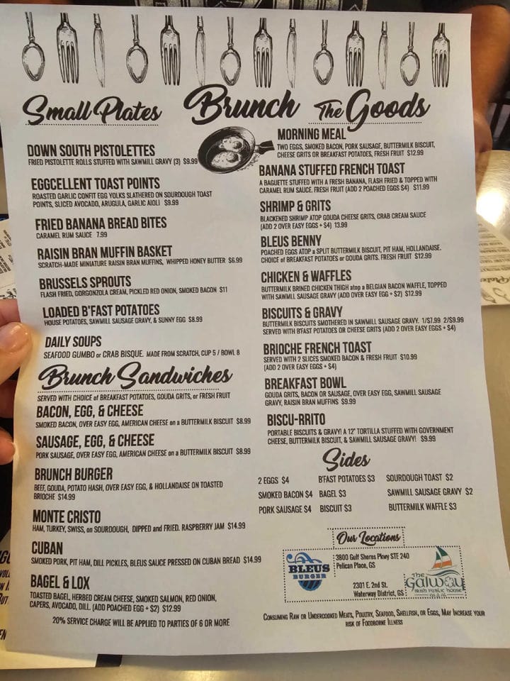 Brunch menu with small plates, the goods, brunch sandwiches and sides with the Bleus Burger Logo