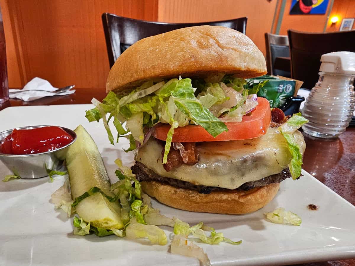 burger with lettuce and tomato on a white plate next to a container of ketchup