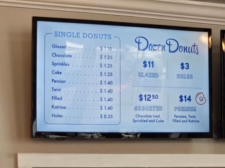 Donut menu with prices by single or dozen donuts